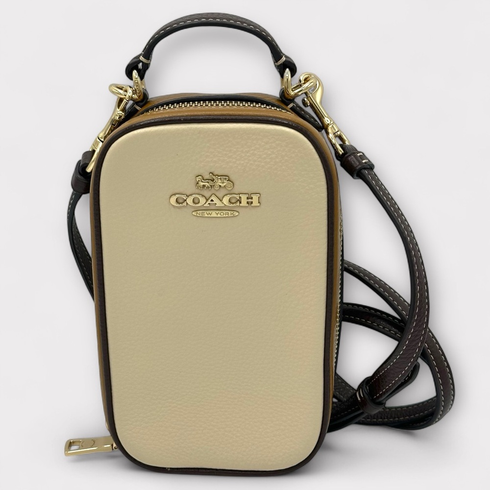 Coach Eva Phone Crossbody – Colorblock Pebble Leather – Tan/Beige - Picture 15 of 15